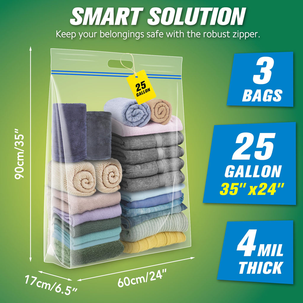 HIBAG 25 Gallon Jumbo Storage Bags, 35” x 24” Resealable Clear Bags with Handle, Extra Large XL Heavy Duty for Clothes Pillow Travel Moving, Pack of 3