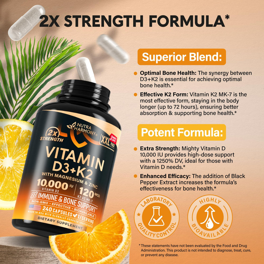 Vitamin D3 K2 - Vitamin D3 10000 iu & K2 as MK-7 120 mcg - Immune & Mood Support, for Bone & Teeth Health - with Magnesium, Zinc & Vitamin C & B12 - Highly Bioavailable - Made in USA, 240 Capsules
