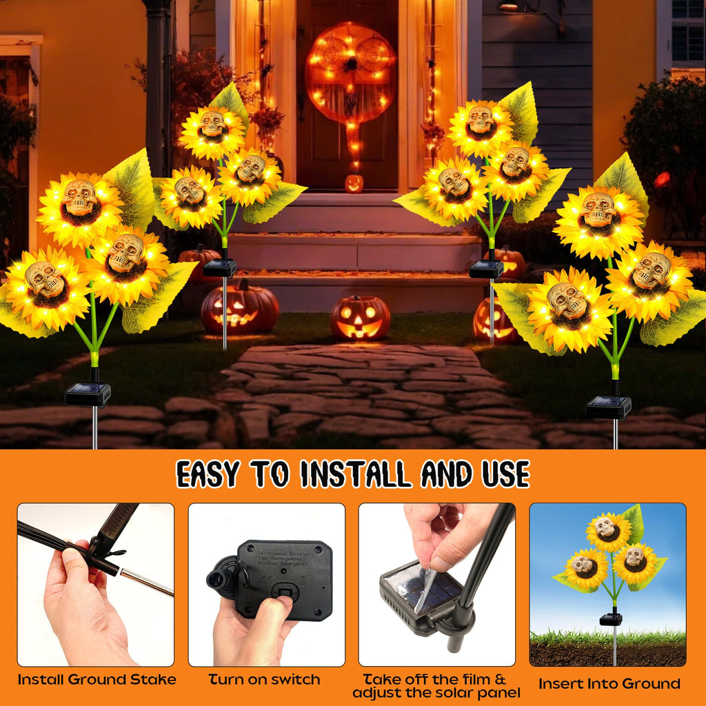 stadeco Halloween Decorations Outdoor, 3 Pack Solar Scary Skull Sunflowers Lights,Waterproof Solar Flowers Lights Garden Decor for Halloween Yard Patio Lawn Party Decor