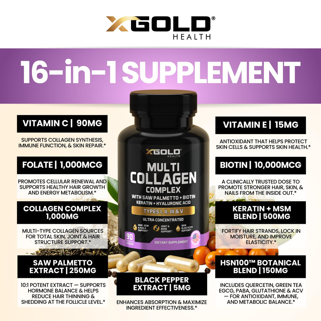 X Gold Health Collagen Complex, Types I, II, III, V, Biotin 10,000 mcg, Keratin, Hyaluronic Acid, Saw Palmetto, Vitamins C & E Advanced HSN Formula for Men & Women 90 Vegan Capsules