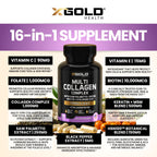 X Gold Health Collagen Complex, Types I, II, III, V, Biotin 10,000 mcg, Keratin, Hyaluronic Acid, Saw Palmetto, Vitamins C & E Advanced HSN Formula for Men & Women 90 Vegan Capsules