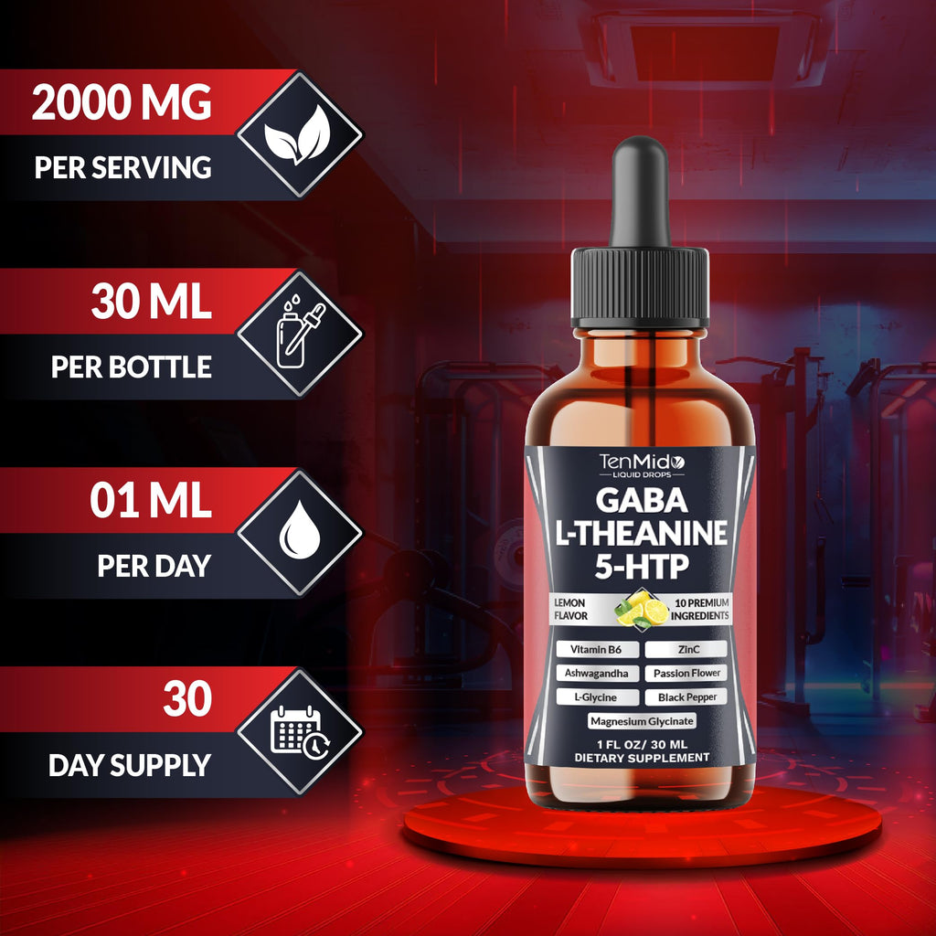 Tenmido 10in1 GABA L-Theanine Supplement Liquid Drops with 5-HTP, Ashwagandha, Magnesium Glycinate, Passion Flower, L-Glycine, Black Pepper and More - 30ml 1 Fl Oz