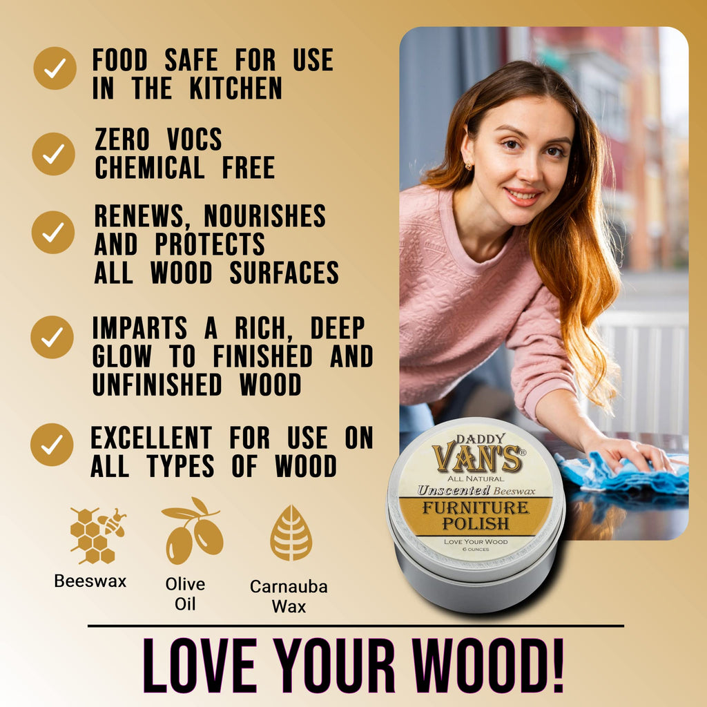 Daddy Van's All Natural Beeswax Furniture Polish – Unscented, Food-Safe Wood Wax for Furniture, Cabinets, Antiques & Butcher Blocks – Non-Toxic, Conditioning & Protective Finish for Wood Surfaces