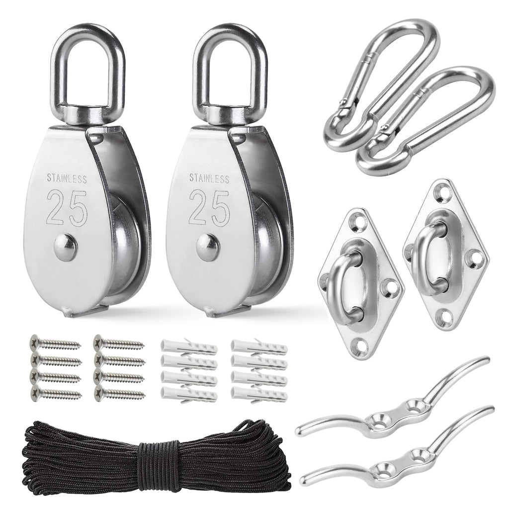 LAIWOO M25 Stainless Steel Pulley System Kit-Heavy-Duty Pulley Wheel, Pulley Block with Nylon Rope, Hooks, Eye Pad Plate, and Rope Cleat - Ideal for Lifting, DIY Projects, and Clothesline (2 Pack)