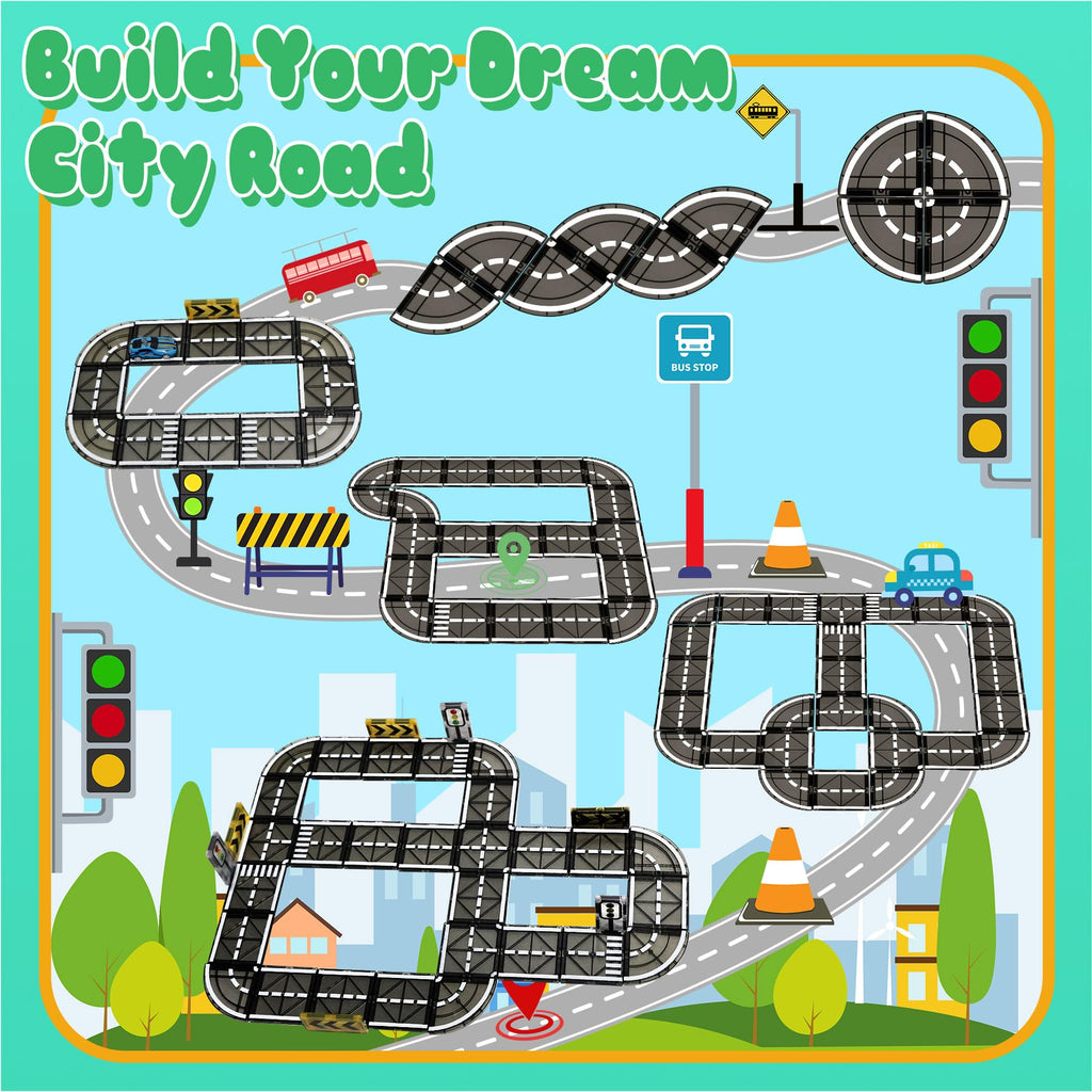 Magnetic Tiles Road Set with Pullback Car, Magnetic Tiles for Kids Ages 3-5 4-8, Magnet Building Tile for Toddler Kids Boys Girls, Creative STEM Building Toy & Learning Educational Magnet Toys