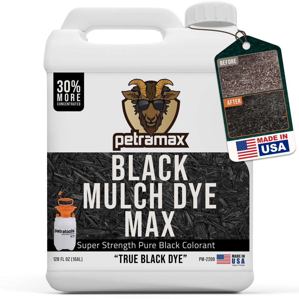 Petra Black Mulch Dye Spray Use with PetraTools Sprayer to Refresh Fading Landscape - Black Dye to Wood Mulch for Landscaping - Rubber, Pine Straw, Bark, Cedar & Playground Cover (14,400 Sq Ft, 1 Gal)