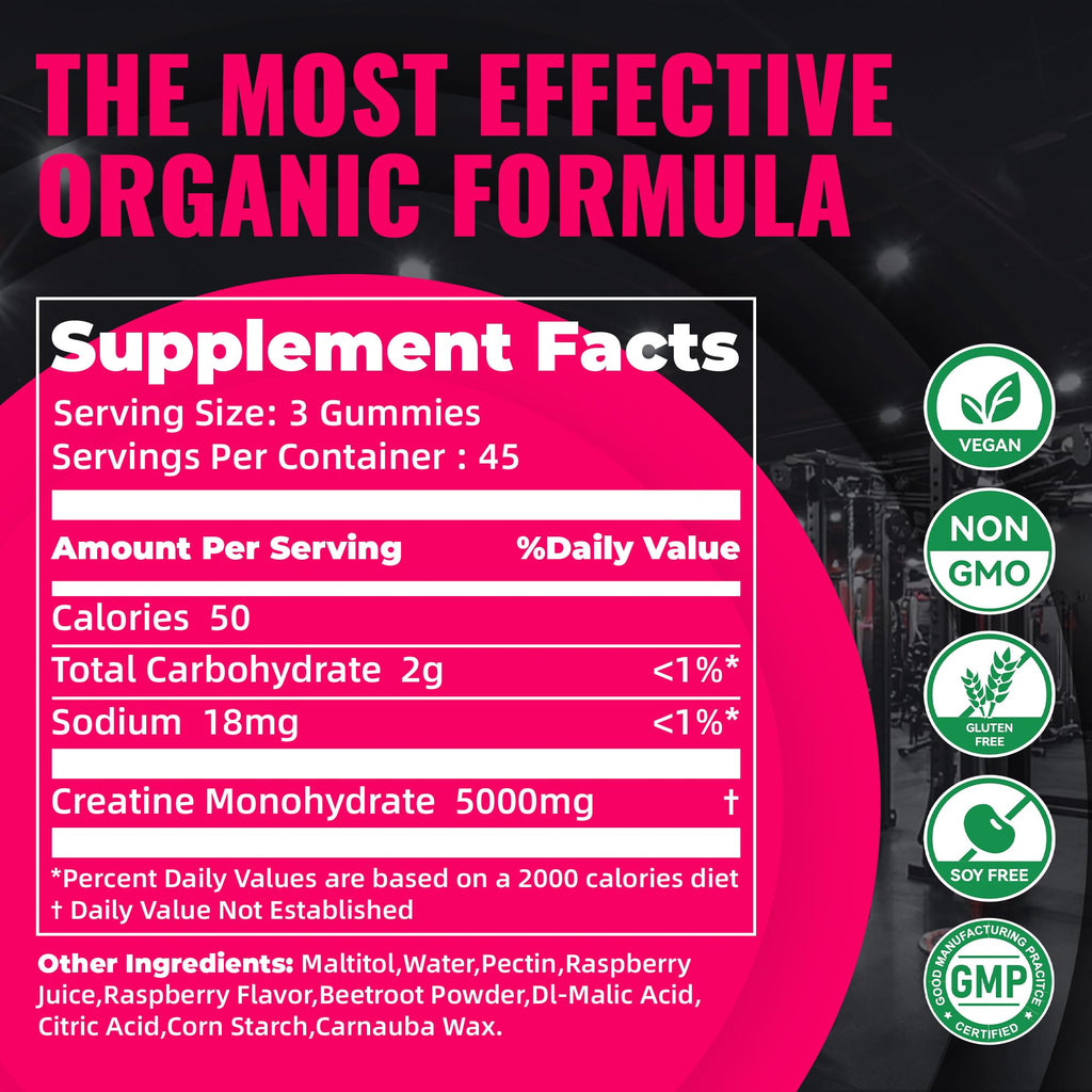 Natures Aid NSF Certified Creatine Gummy 5g - Creatine Monohydrate Gummies – Pre-Workout Energy & Muscle Growth Support for Men & Women | Raspberry Electrolyte Gummies (135 Count)