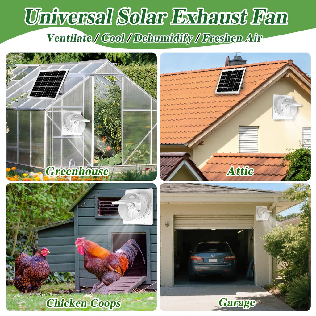 Solar Exhaust Fan, 25W Solar Panel + 8" Ventilation Vent Fan, with Power Adapter, Anti-backflow Valve, High Speed Solar Powered Exhaust Fan for Shed, Chicken Coop, Greenhouse, Dog House (White)