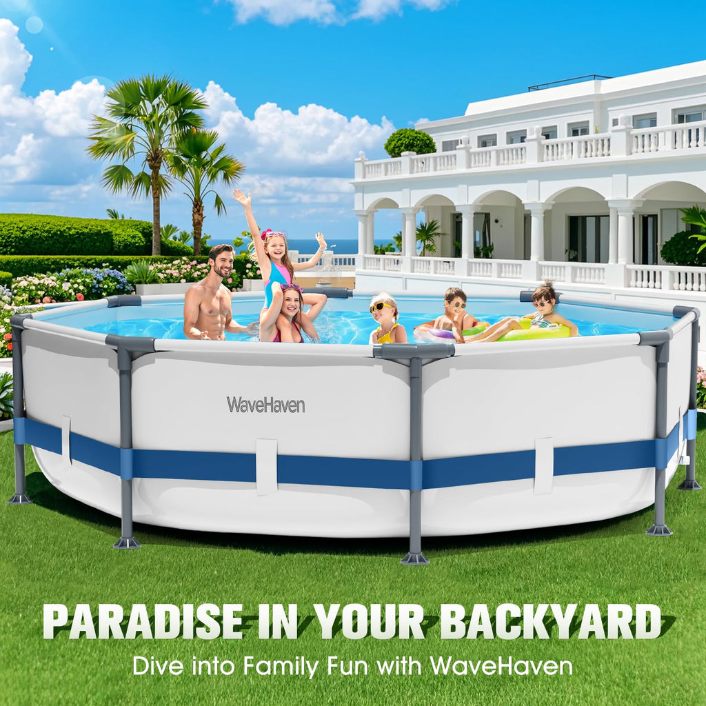 WaveHaven Above Ground Pool,10ft x 30in Frame Deep Swimming Pool,Round Family Pool,Large Above Ground Pool Easy Set,1200 Gallon Pool,Outdoor Backyard Pool for Kids,Adults-Deep Blue,Pump Not Included