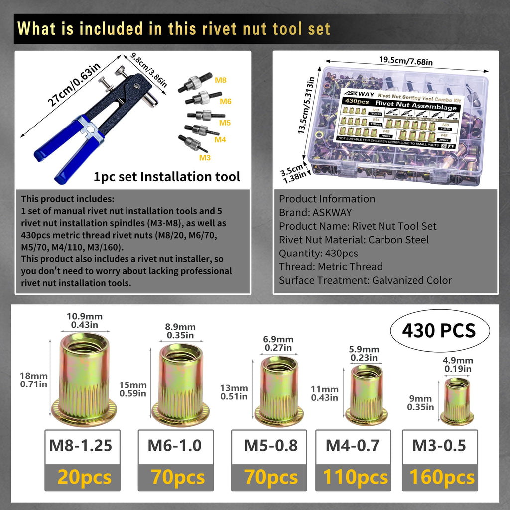 Pressure Rivet Nut Tool Kit, 430Pcs Metric Rivet Nut Combination (M8/M6/M5/M4/M3), Suitable for Furniture, Decoration, Automotive, Marine and Industrial Applications