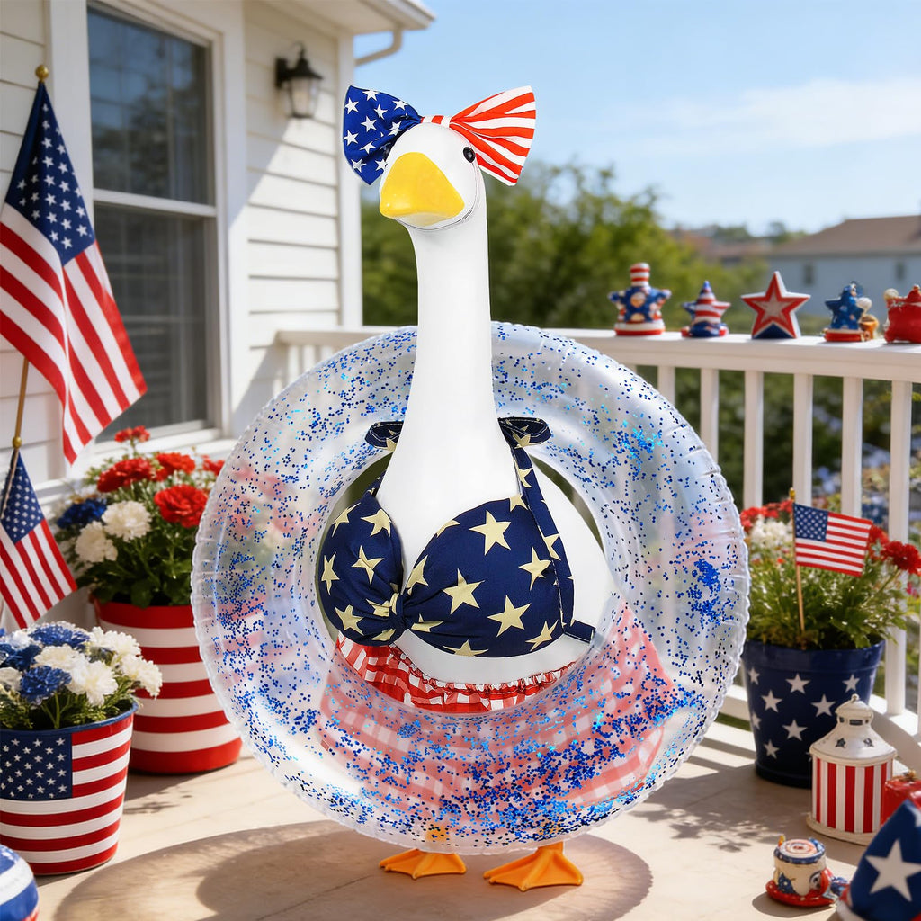 APHIUFR 4th of July Porch Goose Outfits,3 Pcs Goose Outfit Set with Bow Headband,Bikini Skirt and Swim Ring,Fits 23-Inch Lawn Goose Statue,Patriotic Porch Goose Clothes for Yard Garden Patio Decor