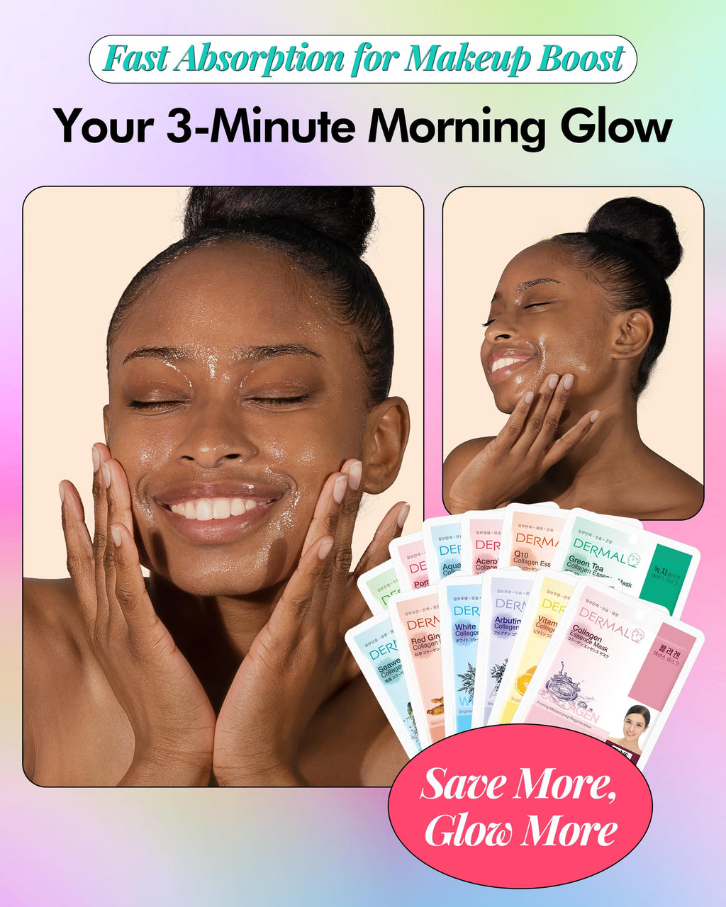 DERMAL 26 Combo Pack Collagen Essence Korean Face Mask (Red & Green) - Hydrating & Soothing Facial Mask with Panthenol - Hypoallergenic Sheet Mask for All Skin Types - Natural Home Spa Treatment Mask