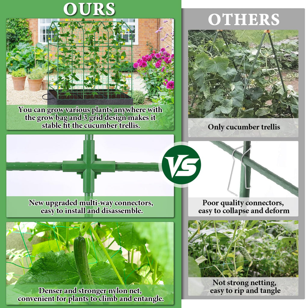 66x65x18 Inch Cucumber Trellis for Raised Bed - with 61 Gallon Grow Bags, Garden Trellis for Climbing Plants Outdoor with Climbing Net and Plant Support for Cucumber, Tomato, Vegetable, Grape, Vine