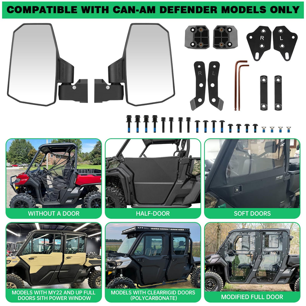 SHEJISI Defender Side Mirrors,The Spring Back Feature Allows Easy Reset After Fold,2024 New UTV Mirrors Compatible with Can Am Defender HD10 HD9 HD8 HD7 HD5,Suitable for No Door,Half Door,Full Door