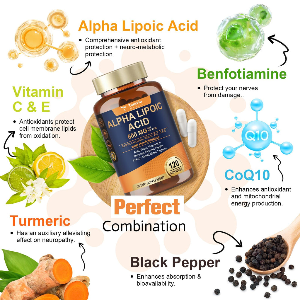 Alpha Lipoic Acid 600mg with Benfotiamine 300mg - ALA Supplement for Antioxidant, Nerve Health, Energy & Metabolism Support, Cell Energy, Neuropathy Supplement, Anti-Aging, Non-GMO, Gluten Free, Vegan