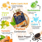 Alpha Lipoic Acid 600mg with Benfotiamine 300mg - ALA Supplement for Antioxidant, Nerve Health, Energy & Metabolism Support, Cell Energy, Neuropathy Supplement, Anti-Aging, Non-GMO, Gluten Free, Vegan