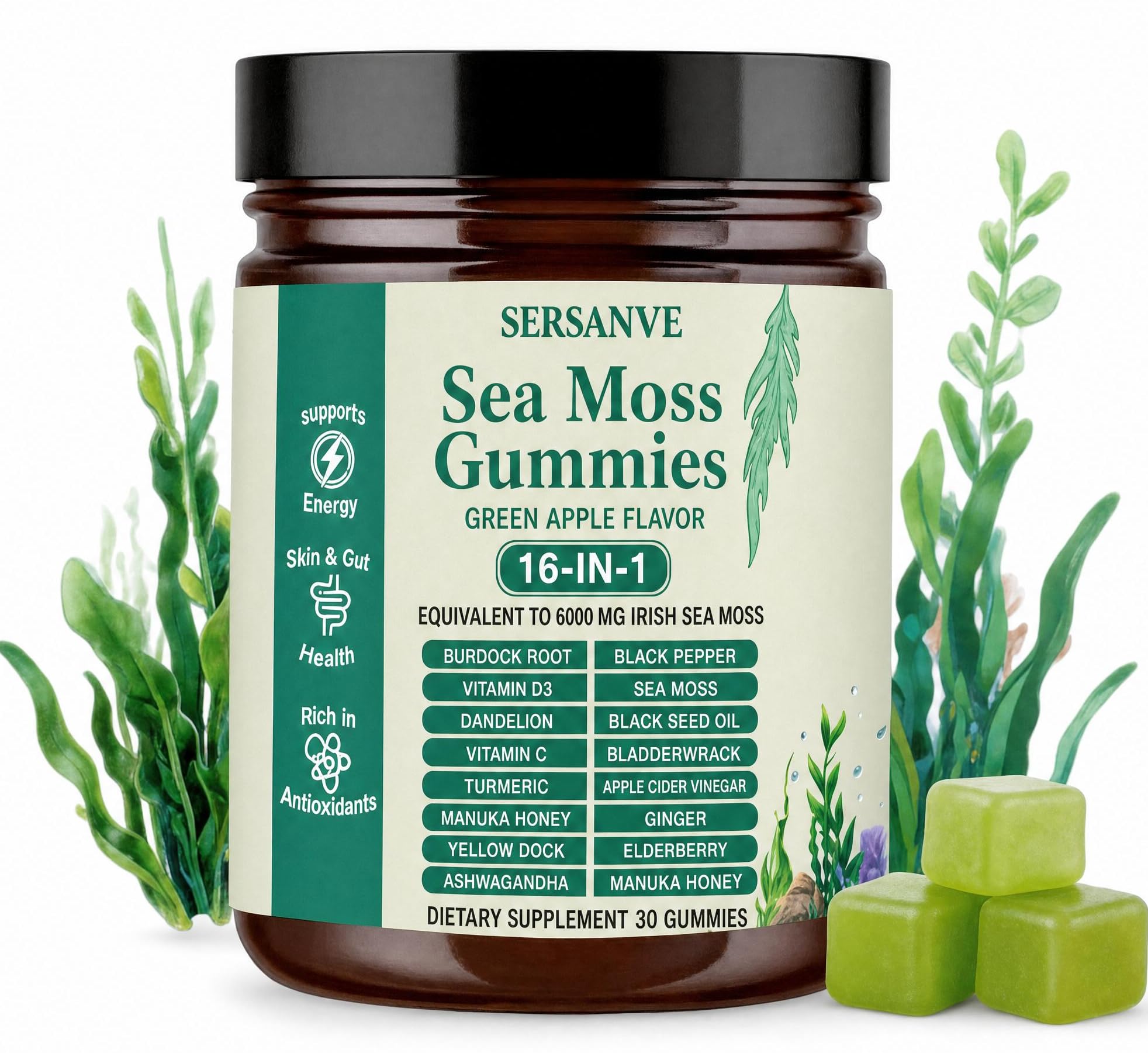 Sea Moss Gummies 16-in-1, with Black Seed Oil, Ashwagandha & Elderberry | Organic Irish Sea Moss Supplement for Men & Women | Daily Support with Manuka, Burdock Root & Vitamins C & D3, 30 Gummies