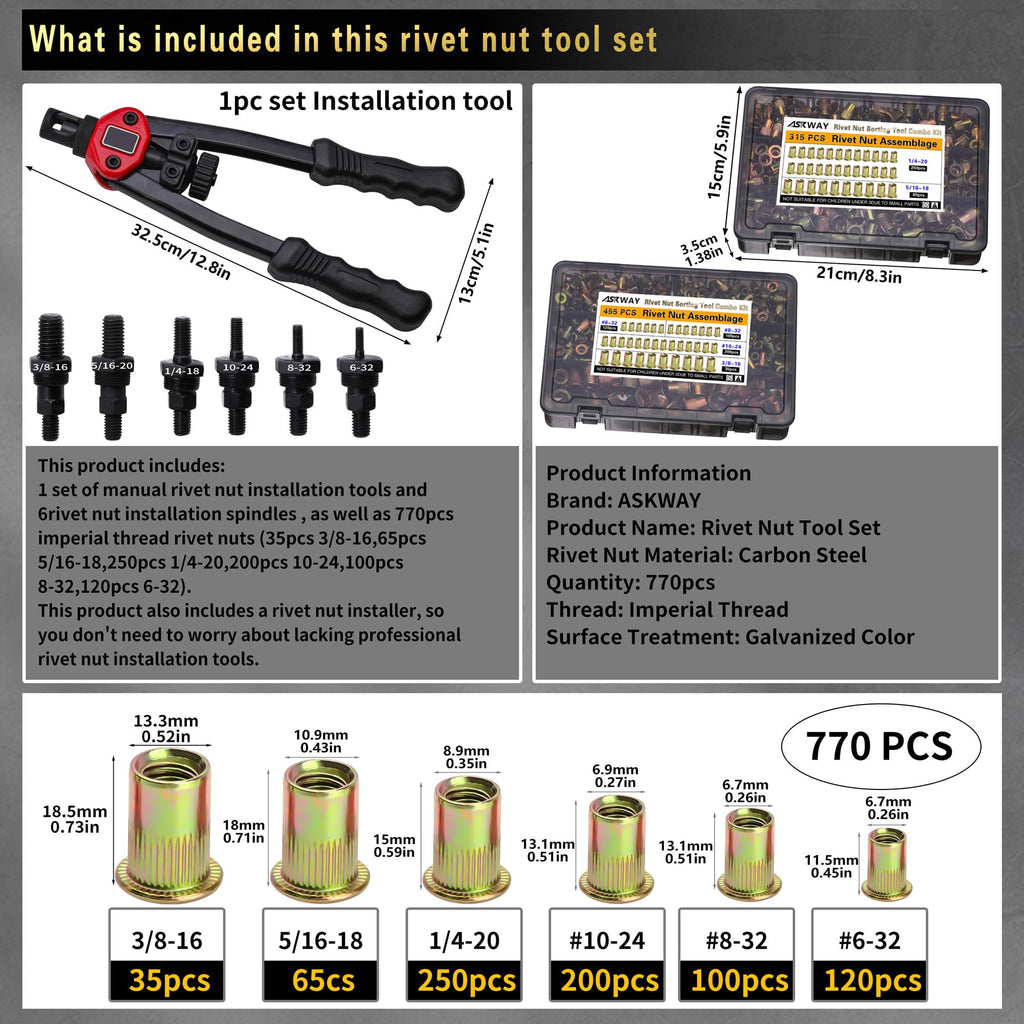 ASE Pressure Rivet Nut Tool Kit, 770PCS (3/8-16,5/16-18,1/4,10-24,8-32,6-32) Imperial Rivet Nut, Suitable for Furniture, Decoration, Automotive, Marine and Industrial Applications