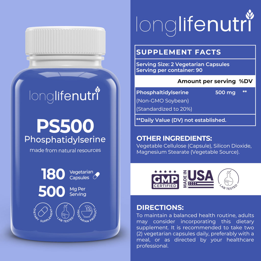 Phosphatidylserine Pure 500mg – 180 Vegetarian Pills, 3-Month Supply, Supplement for Strengthening Memory, Focus & Cognitive Function, Made in USA, Lab Tested, Non GMO