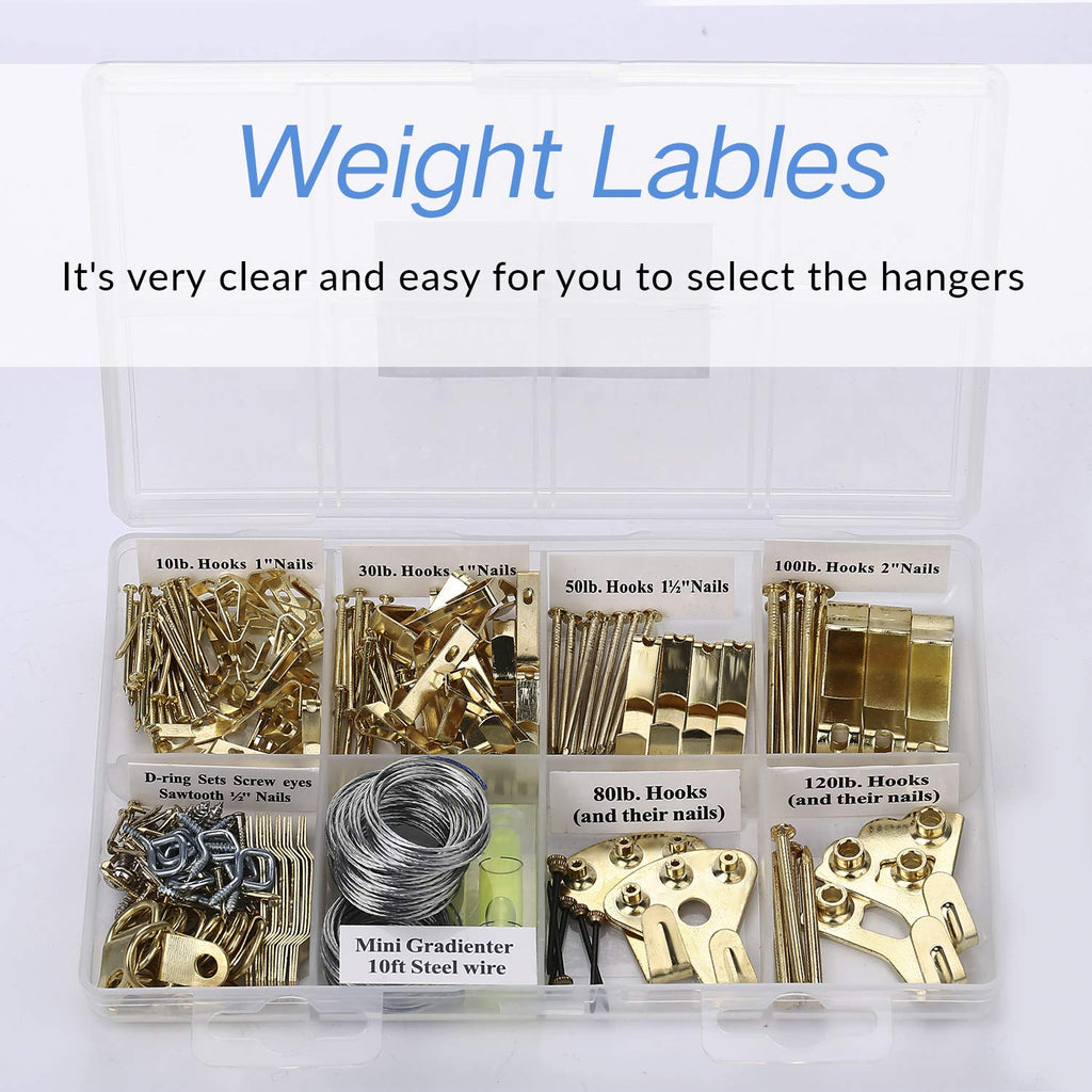 Picture Hangers, Picture Hanging Kit, 225pcs Heavy Duty Frame Hooks Hardware with Nails, Hanging Wire, Screw Eyes, D Ring and Sawtooth for Wall Mounting