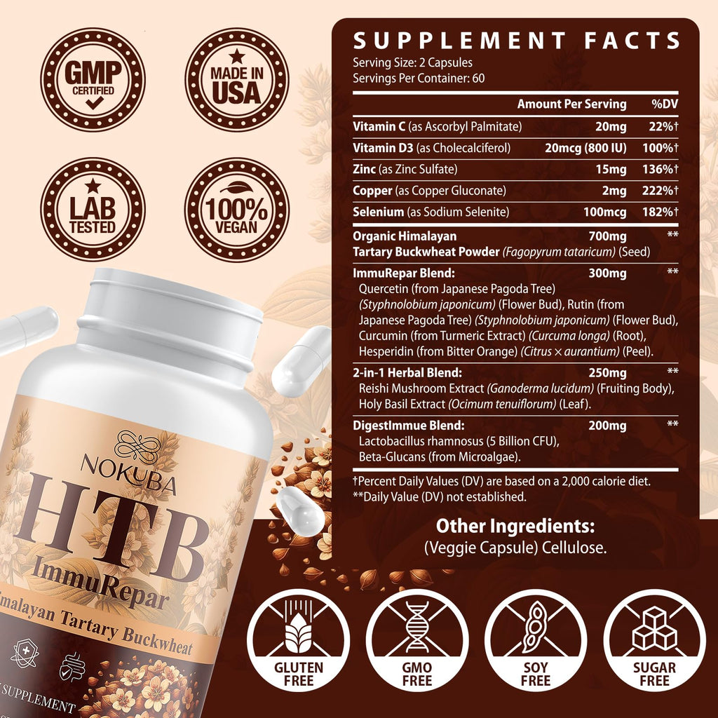 Nokuba Himalayan Tartary Buckwheat Supplement with Quercetin, Zinc, Rutin, Vitamin C, D, Curcumin for Immune Support & Antioxidant & Gut Health - 240 Vegan Capsules