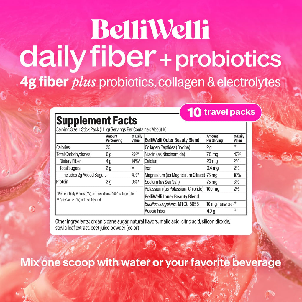 Belli Welli Fiber Supplement, Probiotics Fiber Powder Travel Pack for Women with Collagen & Electrolytes for Daily Gut Health & Debloating, Tropical Breeze, 10 Packets
