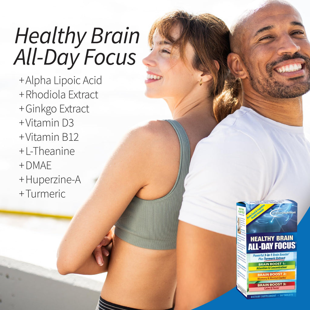 Applied Nutrition Healthy Brain All-Day Focus - 50 Tablets, Pack of 2 - Powerful 3-in-1 Brain Booster with Turmeric Extract - 50 Total Servings