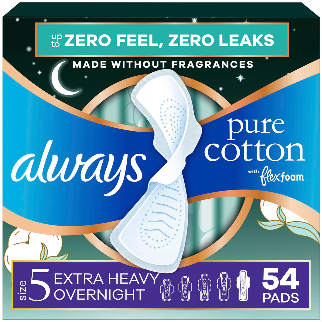 Always Pure Cotton Feminine Pads for Women, FlexFoam Pads with Wings, Size 5, Extra Heavy Overnight Absorbency, Unscented, 54 Count (3 Packs of 18)