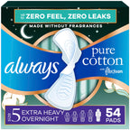Always Pure Cotton Feminine Pads for Women, FlexFoam Pads with Wings, Size 5, Extra Heavy Overnight Absorbency, Unscented, 54 Count (3 Packs of 18)
