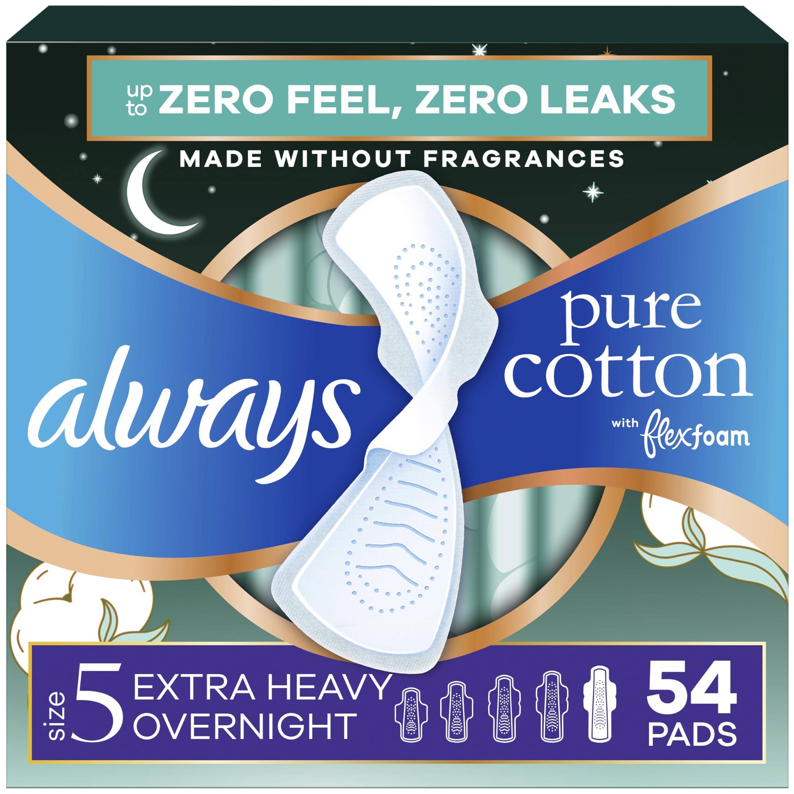 Always Pure Cotton Feminine Pads for Women, FlexFoam Pads with Wings, Size 5, Extra Heavy Overnight Absorbency, Unscented, 54 Count (3 Packs of 18)