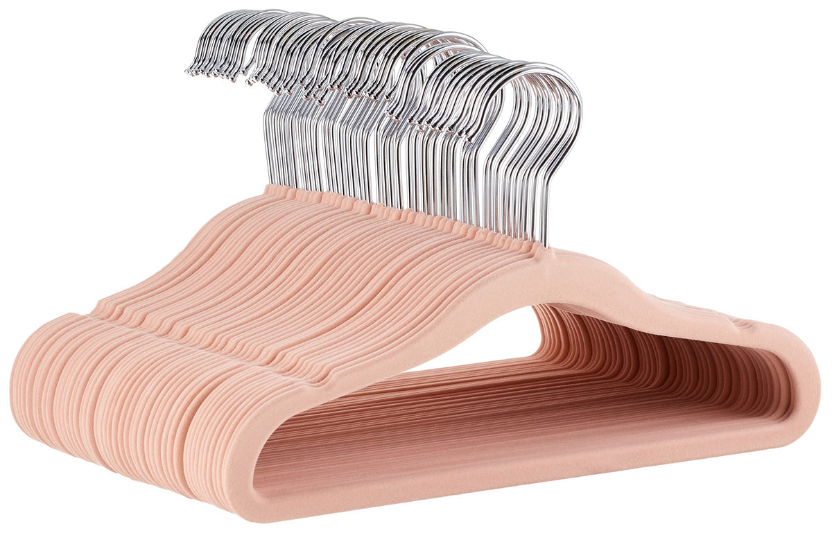 Amazon Basics Kids Space Saving Velvet Non-Slip Clothes Hangers with Shoulder Notches for Infant and Toddler, 11.6", Blush, 50-Pack