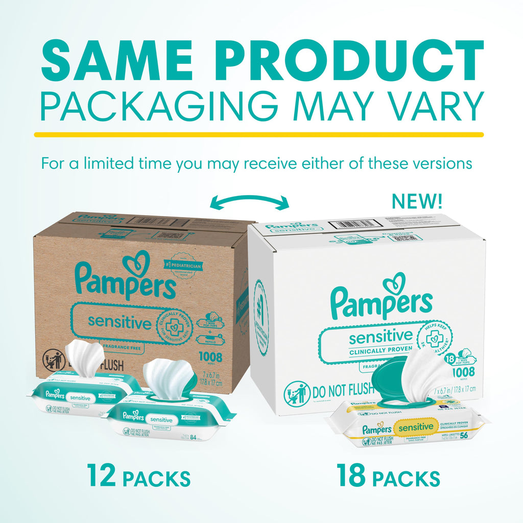 Pampers Sensitive Baby Wipes, Unscented, Fragrance Free, Clinically Proven, Water Based, Hypoallergenic, Multi-Use, Hand Wipes, 1008 Wipes Total (18X Flip-Top Packs)