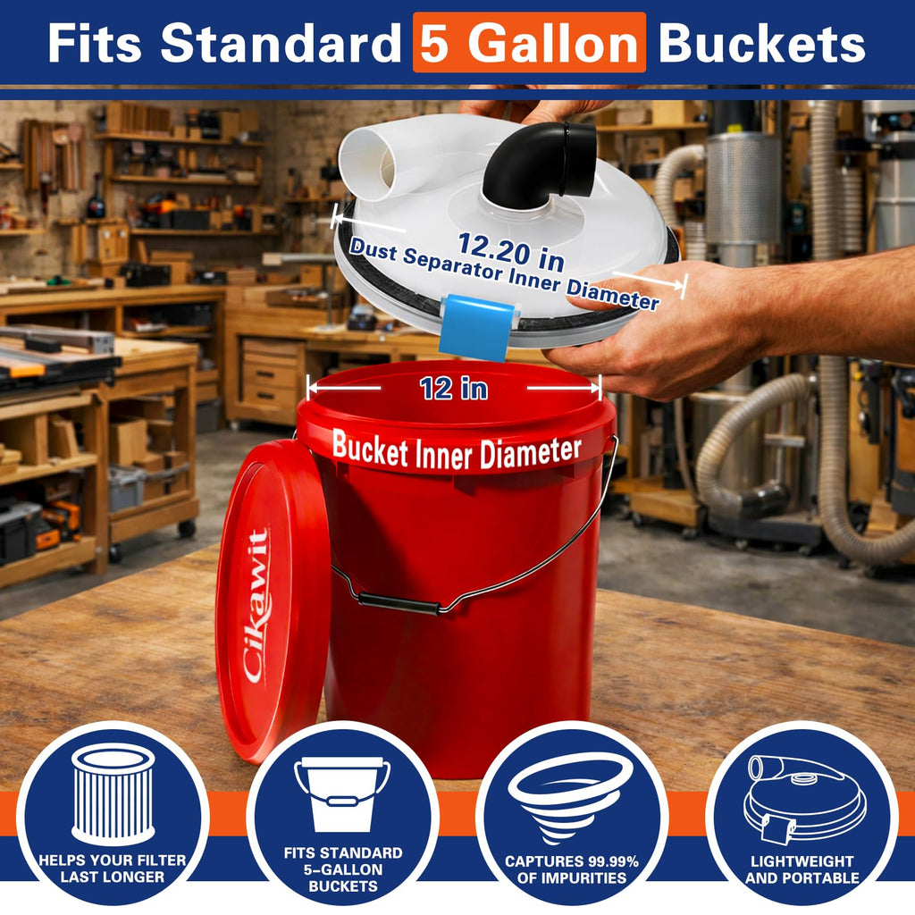 Cikawit Dust Separator - High-Efficiency Cyclone Dust Separator, Dust Separator for Standard 5 Gallon Buckets, Wet & Dry Debris, Includes 90° Elbows & 2-1/2” Hose