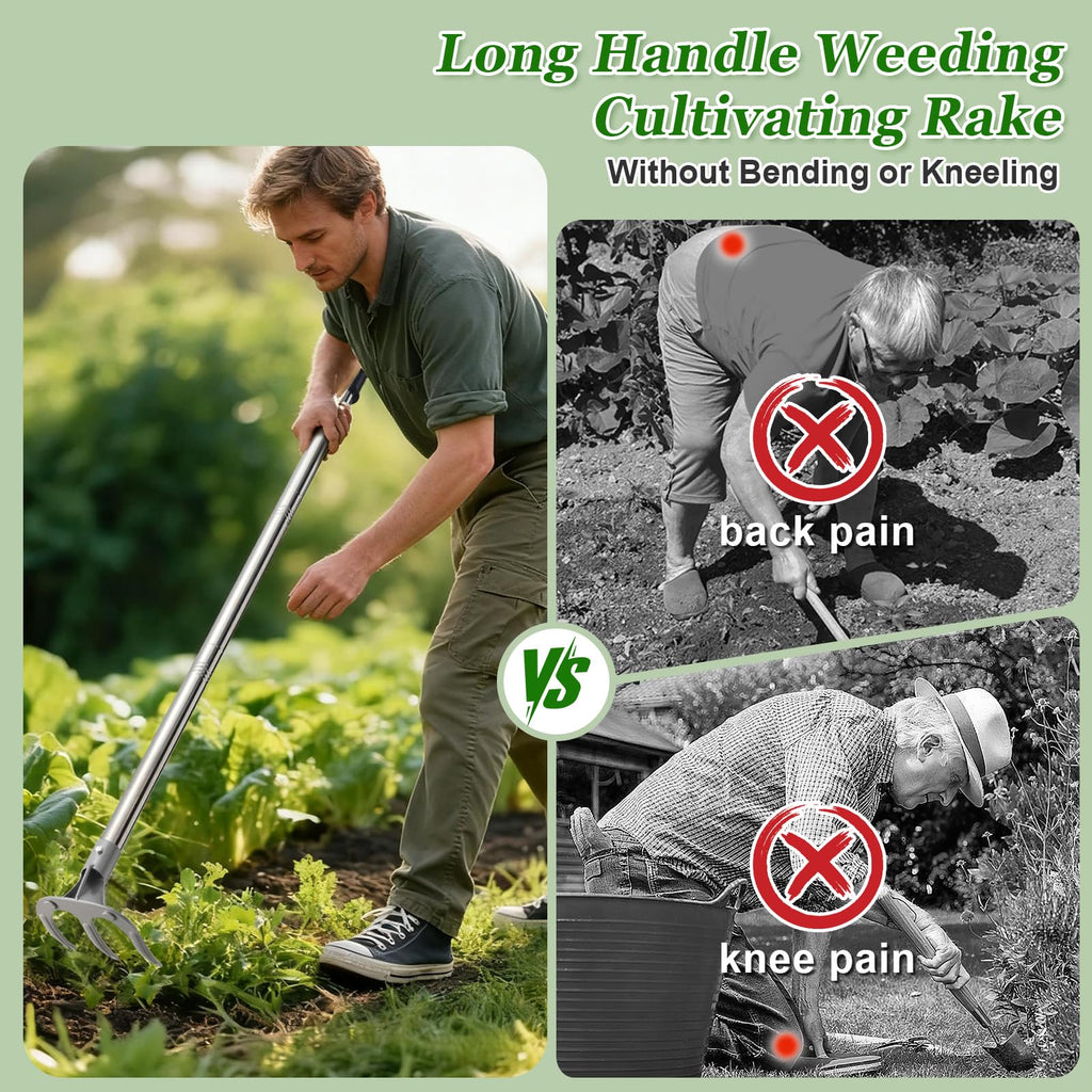 COCONUT 50” Long Handle Weeding and Cultivating Rake, 3-Tine Garden Rake for Stand Up Gardening, No Bending or Kneeling to Loosen Soil, Heavy Duty Steel with D-Grip Handle