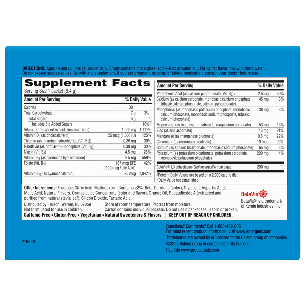 Emergen-C Immune+ Triple Action Immune Support Powder, BetaVia (R), 1000mg Vitamin C, B Vitamins, Vitamin D and Antioxidants, Super Orange, Back to School Essentials – 50 Count