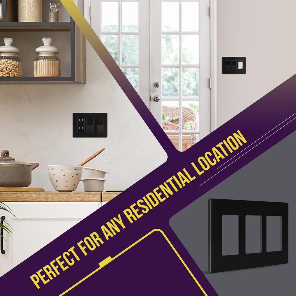 ENERLITES Screwless Decorator Wall Plate Child Safe Cover, Size 3-Gang 4.68" H x 6.53" L, Unbreakable Polycarbonate Thermoplastic, SI8833-BK-5PCS, Glossy, Black (5 Pack)