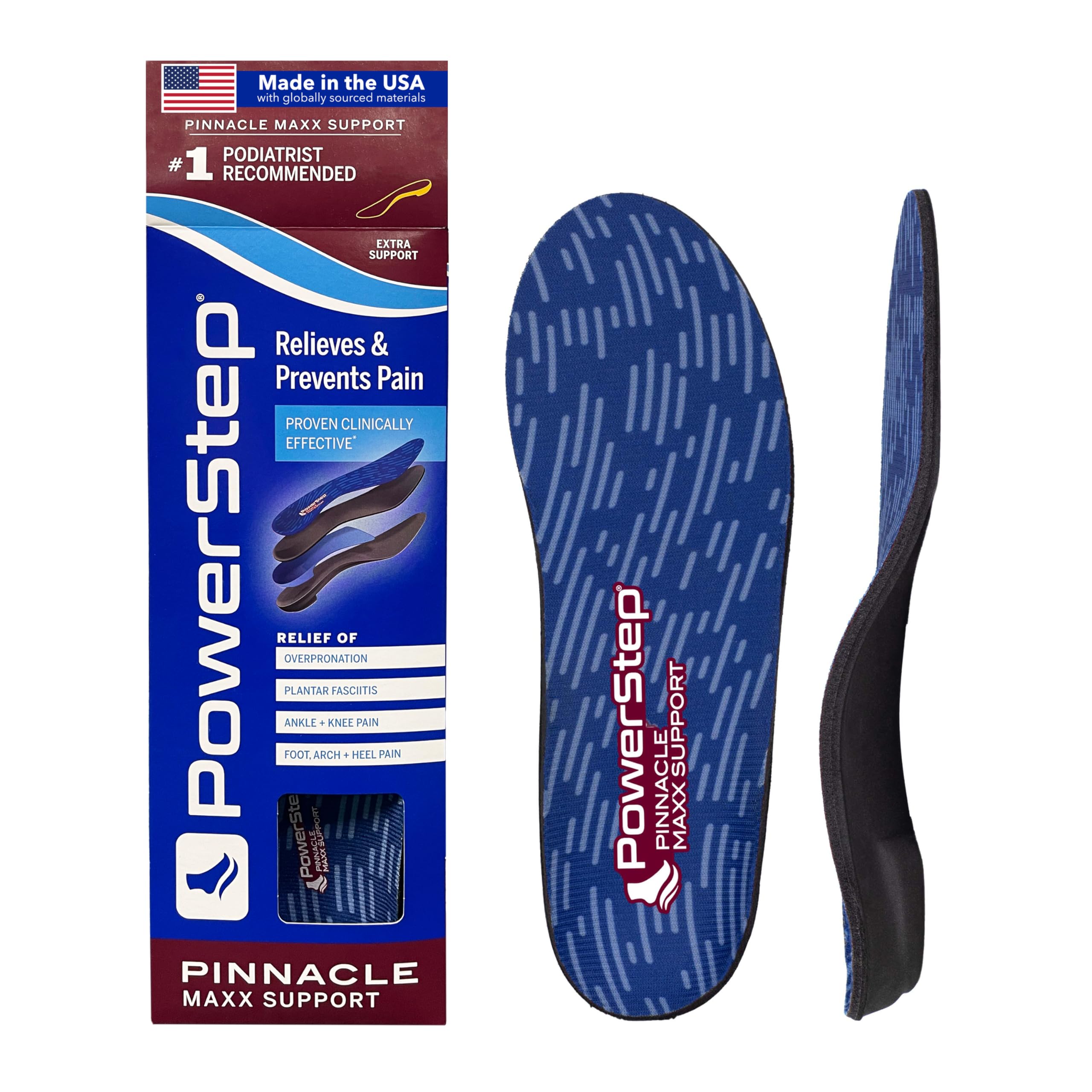 PowerStep Pinnacle Maxx Orthotic Insoles, Maximum Stability & Comfort, Firm & Flexible Angled Heel, Flat Feet & Overpronation, Heavy Duty Shoe Inserts for Men & Women, Made in USA (M 10-10.5, W 12)