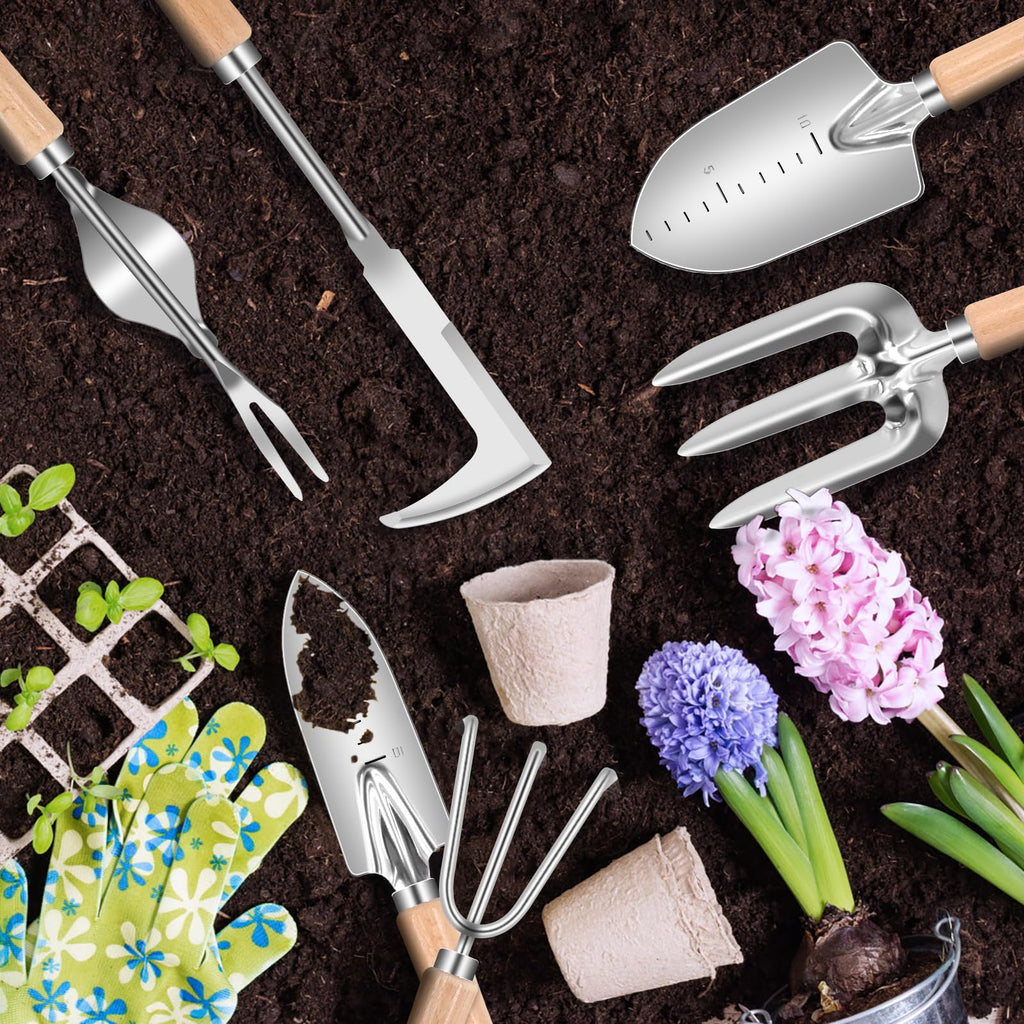 DWFKHT Weed Puller Tool, 6 Piece Stainless Steel Heavy Duty Weeding Tool, Weed Puller, Crack Weeder Tool, Weed Remover Tool with Ergonomic Wooden Handle, Gardening Gifts for Women