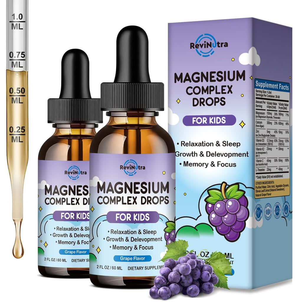 (2 Pack) Magnesium Glycinate Liquid for Kids, Kids Magnesium Liquid Drops Supplement with L-Theanine, Calcium, Zinc, Vitamin D3 K2 for Sleep Calm Relaxation Brain Bones Focus, Grape Flavor 4 Fl Oz
