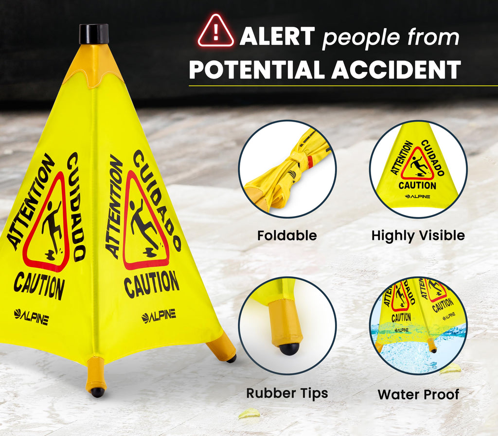 Alpine Caution Wet Floor Sign - Pop Up Slippery When Wet Sign, Wall Mounted Foldable Bilingual Yellow Safety Warning Caution Cone For Commercial & Office Use (20 Inches)