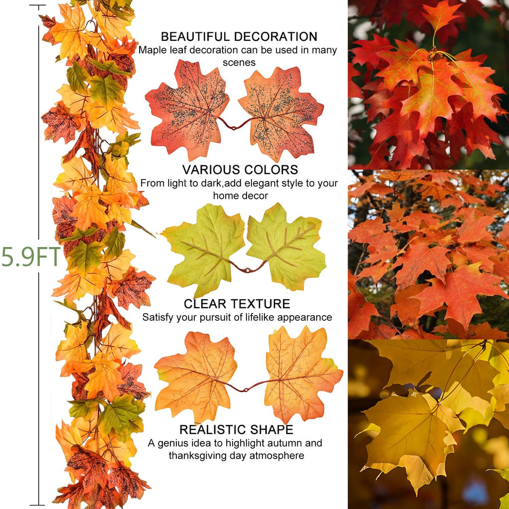 DearHouse 2 Pack Fall Garland Maple Leaf, 5.9Ft/Piece Hanging Vine Garland Artificial Autumn Foliage Garland Thanksgiving Decor for Home Wedding Fireplace Party Christmas (Green)