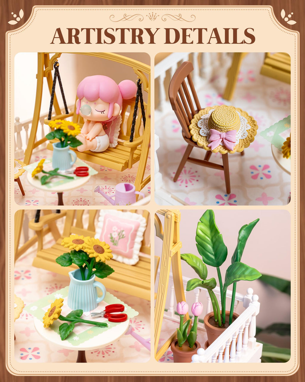 Rolife Super Creator Series Accessroies, DIY Mini Flower Garden Scenery Kit, Miniature Dollhouse Castle Building Kit's Part, Sunny Break Terrace Gift for Kids Adults Women