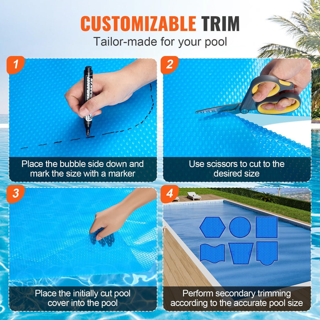 VEVOR Solar Pool Cover, 32 x 16 ft Rectangle Solar Cover 12 mil for Pools, Inground Above Ground Swimming Pool Solar Blanket with Bubble, Heat Retaining Solar Covers Blue