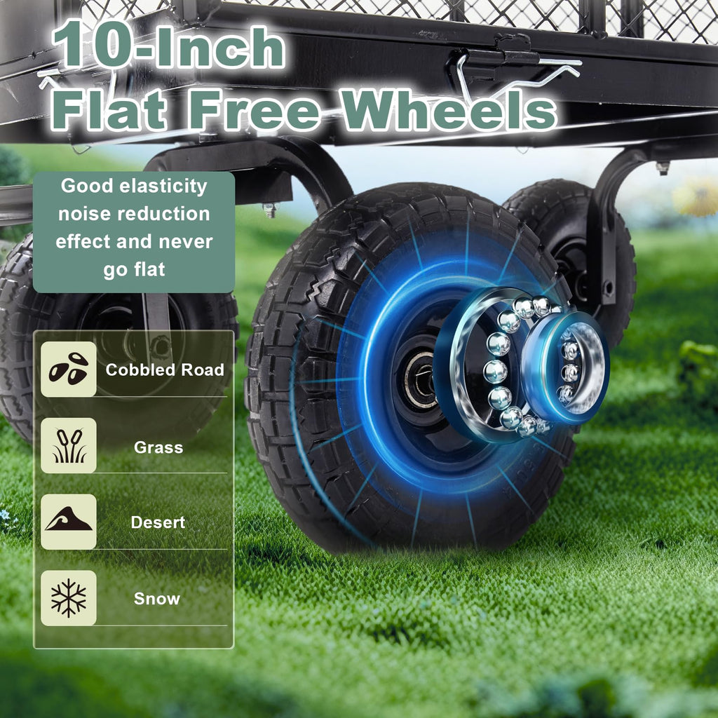 HEAHOLD Heavy Duty Garden Wagon Cart – 880 LBS Steel Utility Cart with All-Terrain 3.50-4" Solid Wheels, 10" Tires, 180° Rotating Handle, Removable Sides, Laser-Welded Frame