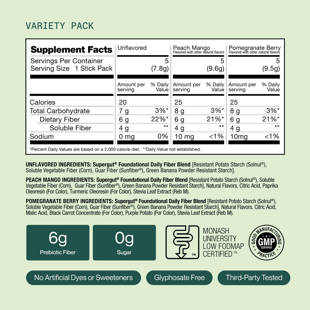 Supergut Foundational Daily Fiber, Vegan & Sugar Free Prebiotic Powder Blend for Gut Health & Digestive Support, Plant Based Supplement for Men & Women with 6g of Fiber, Variety Pack, 15 Stick Packs