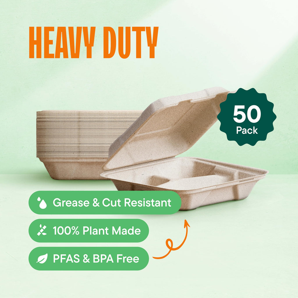 100% Compostable Clamshell Take Out Food Containers [8X8" 3-Compartment 50-Pack] Heavy-Duty Quality to go Containers, Natural Disposable Bagasse, Eco-Friendly Biodegradable Made of Sugar Cane Fibers