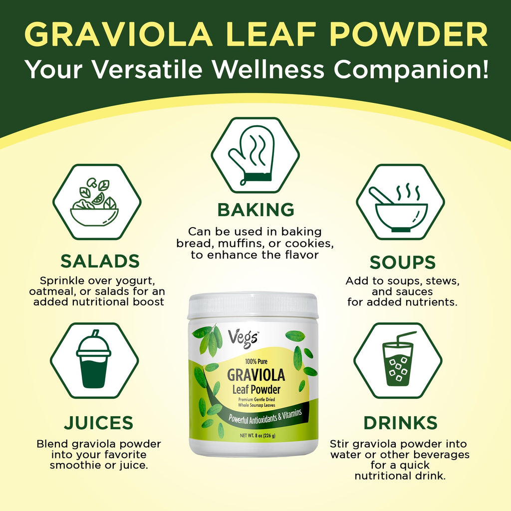 Vegs Graviola Soursop Leaf Powder - The Single Origin, True Green, Organic Graviola Leaves Powder - Gentle Dried & High Potency Soursop with Powerful Antioxidants, Vitamins – No Sugar, Non-GMO, 8 oz