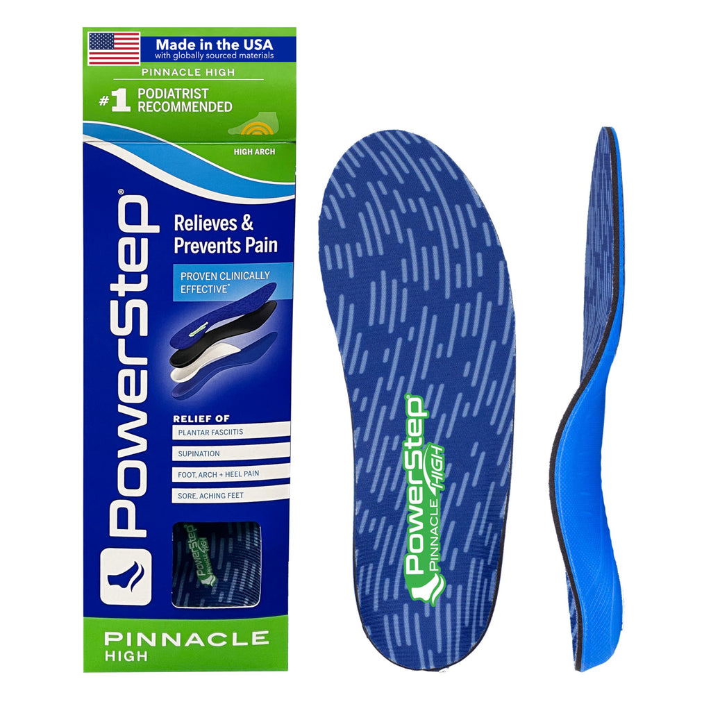 PowerStep Pinnacle High Arch Orthotic Insoles, Plantar Fasciitis Relief, Supination Heel Pain, Arch Support, PowerStep Insoles for Women and Men, Made in USA (Men's 9-9.5, Women's 11-11.5)