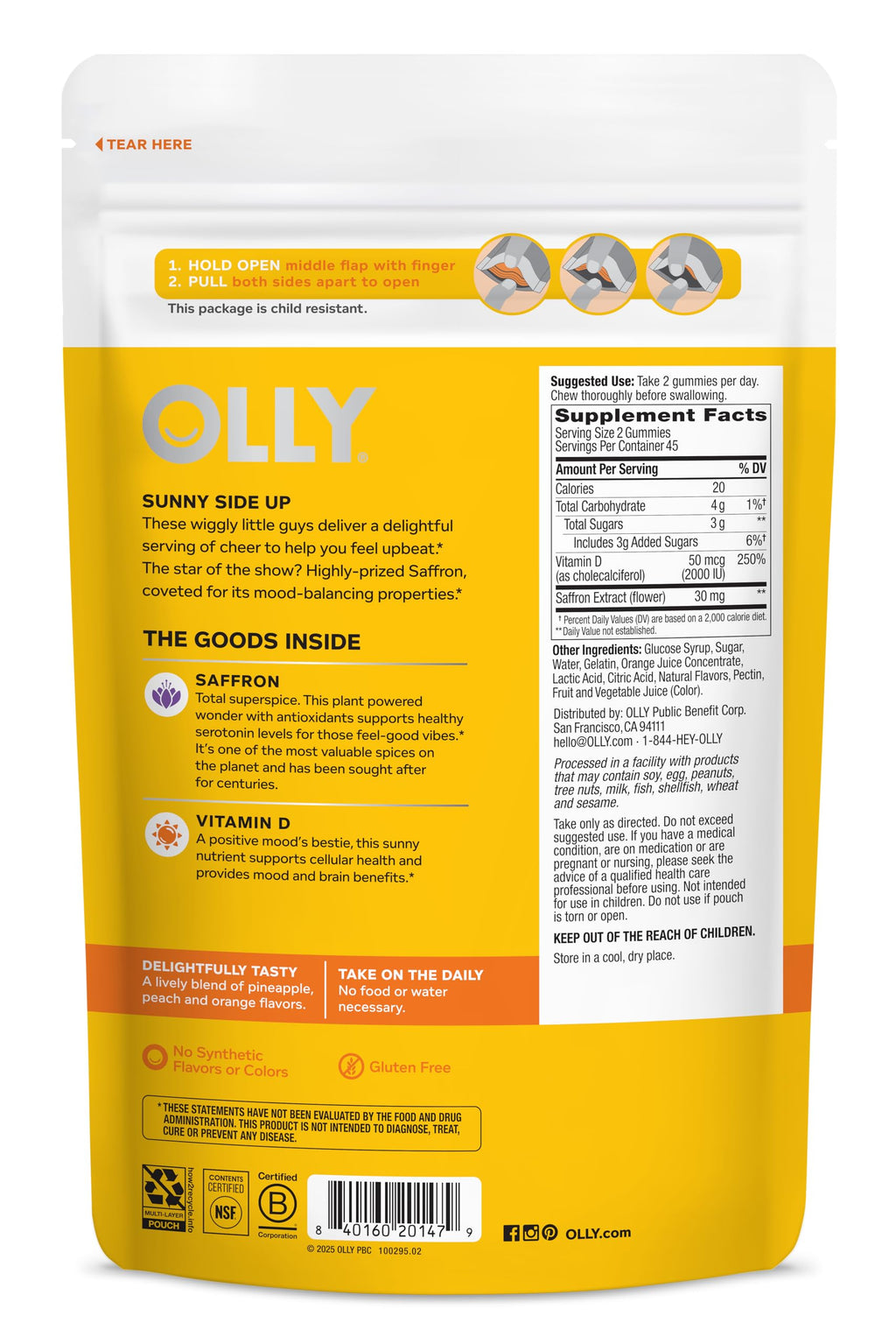 OLLY Hello Happy Gummy Worms, Mood Balance Support, Vitamin D, Saffron, Adult Chewable Supplement, Gluten Free, Tropical Zing - 90 Count