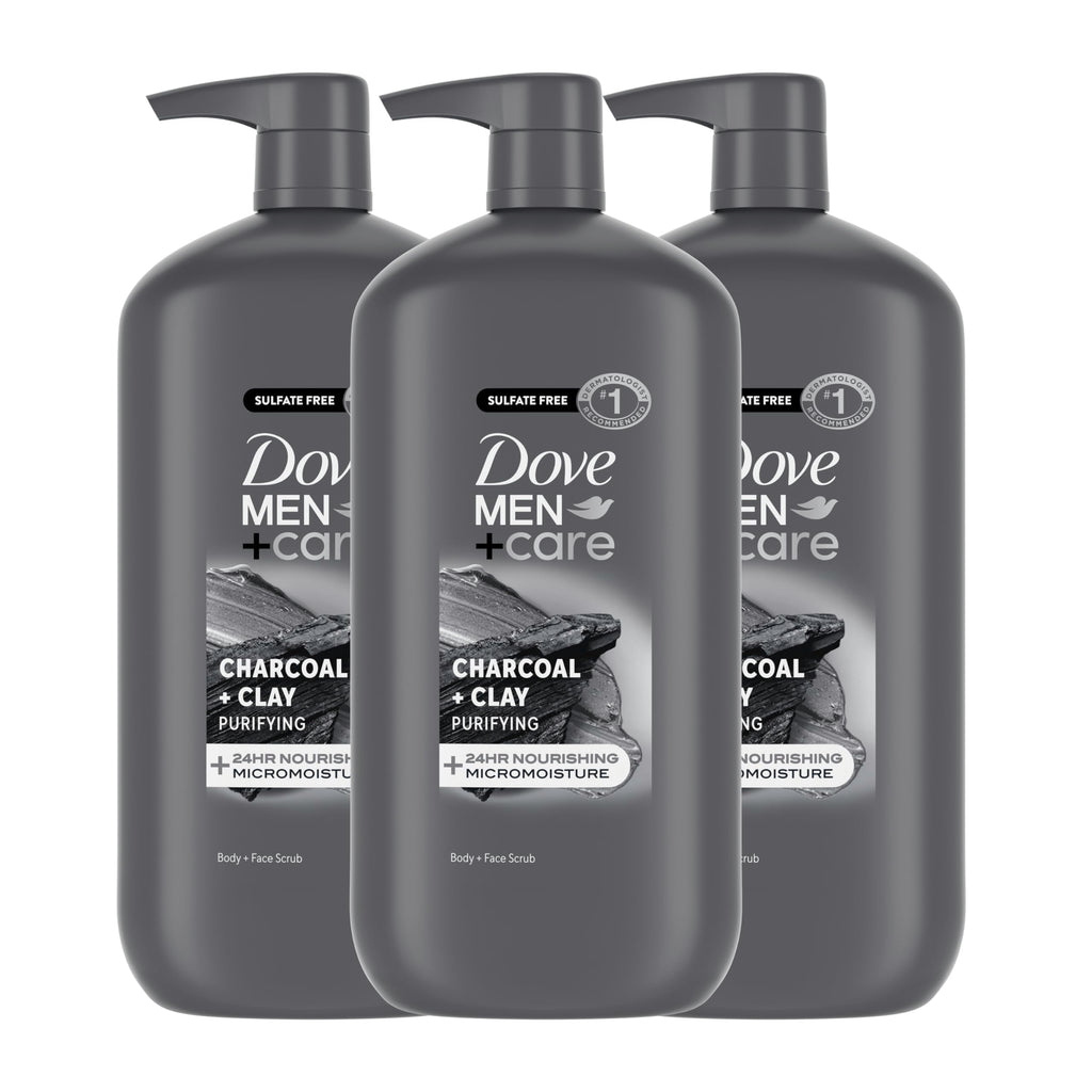 Dove Men+Care Purifying Body & Face Wash 3 Count Charcoal Clay with 24-Hour Nourishing Micromoisture Technology 30 oz